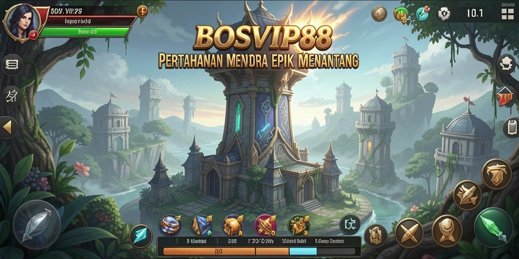 Tangkapan layar gameplay <strong>BOSVIP88</strong> menampilkan aksi menakjubkan dalam pertahanan menara.