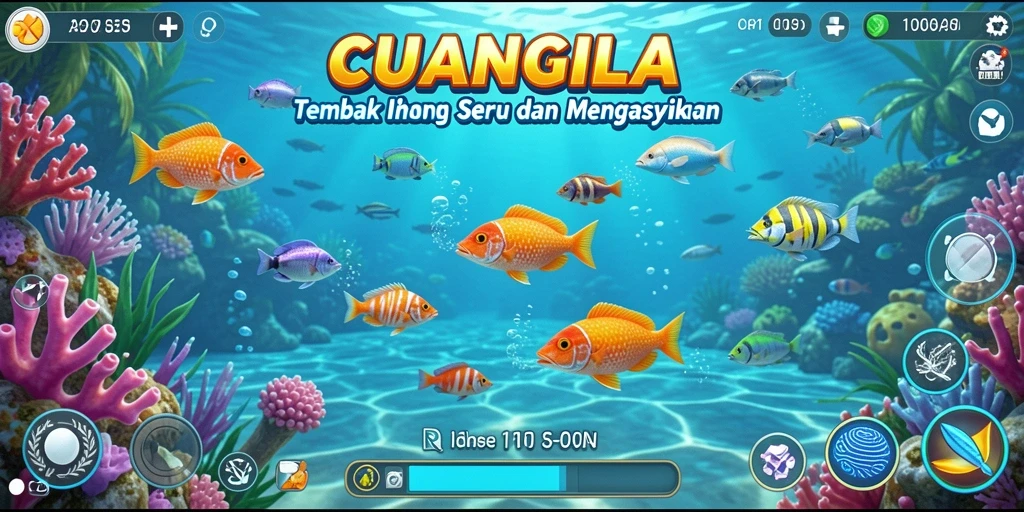 Tampilan gameplay <strong>CUANGILA</strong> dengan berbagai ikan berwarna-warni.