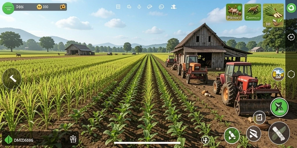 Screenshot gameplay DMD686 menampilkan suasana pertanian yang indah dan interaktif.
