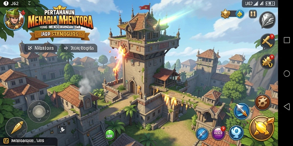 Tangkapan layar gameplay menampilkan pertempuran di Tower Defense.