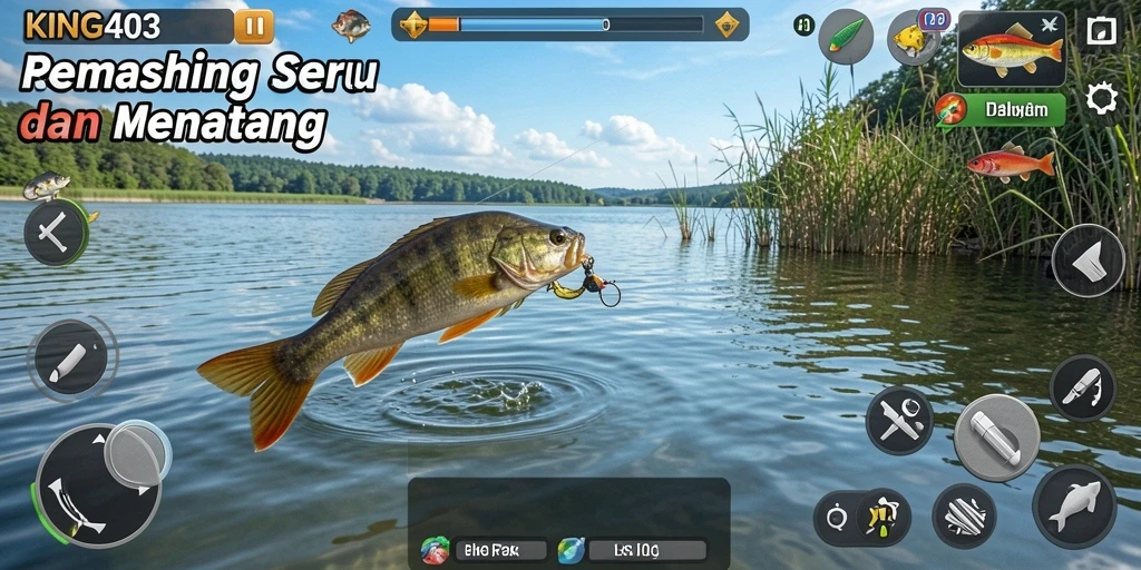 Screenshot gameplay KING403 menampilkan keseruan memancing di lokasi yang indah.