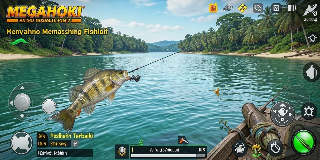 Tampilan gameplay MEGAHOKI yang seru saat memancing ikan besar.