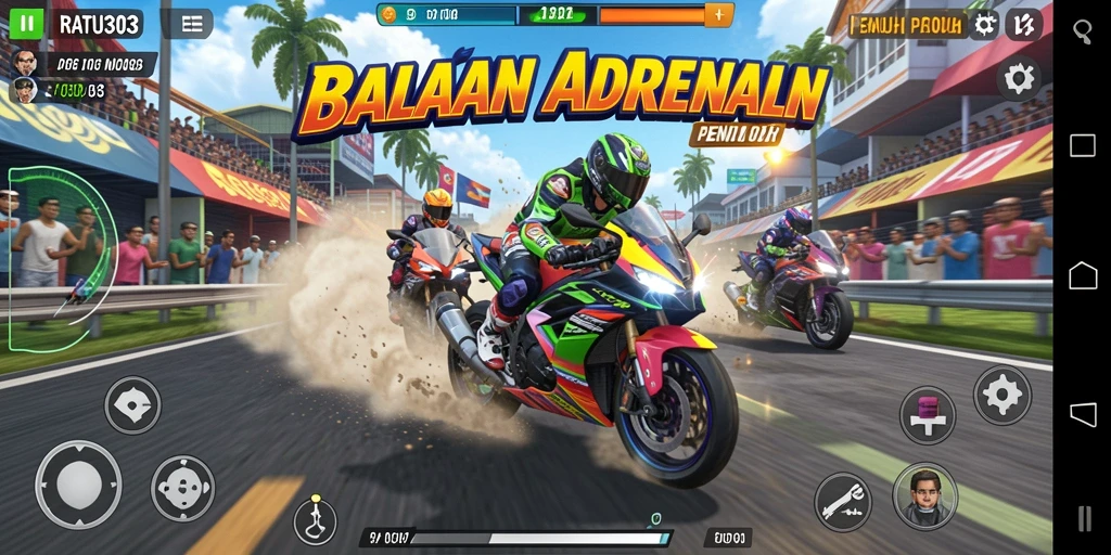 Screenshot gameplay menunjukkan balapan motor yang seru.