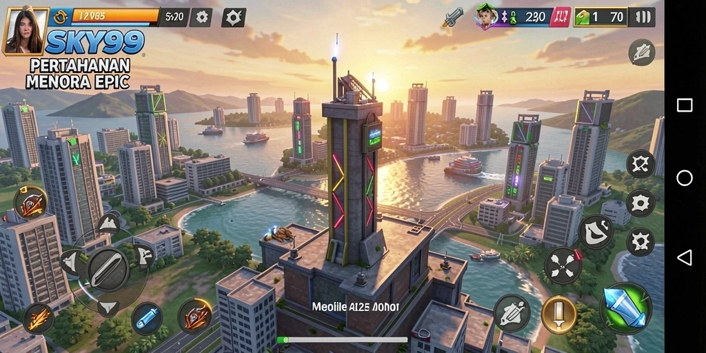 Tampilan permainan SKY99 dengan menara dan monster yang beragam.