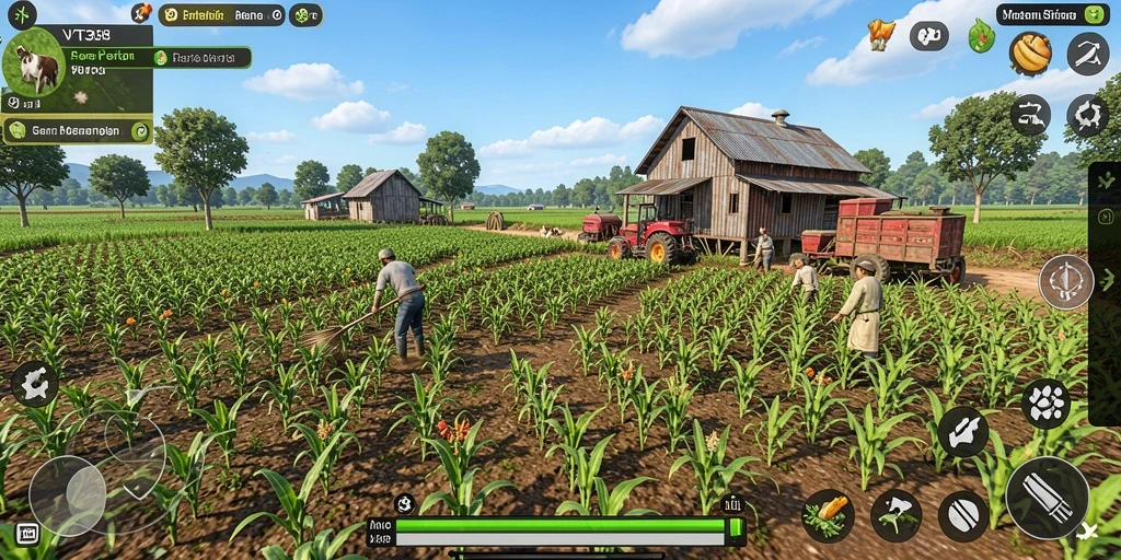 Screenshot gameplay VT38 dengan suasana pertanian yang cerah.