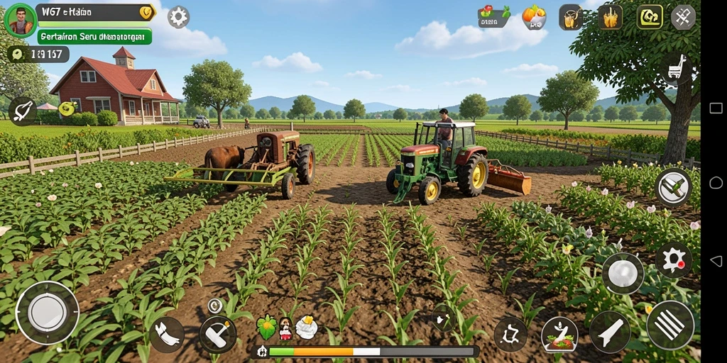 Screenshot dari gameplay W67 yang menunjukkan ladang indah dan aktivitas bertani.